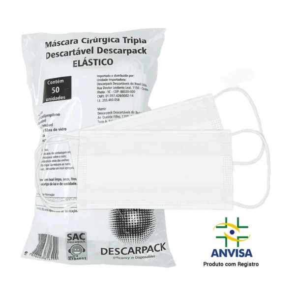 MÁSCARA CIRÚRGICA DESC. TRIPLA C/ ELÁSTICO PCT/50 -  DESCARPACK - Imagem 2